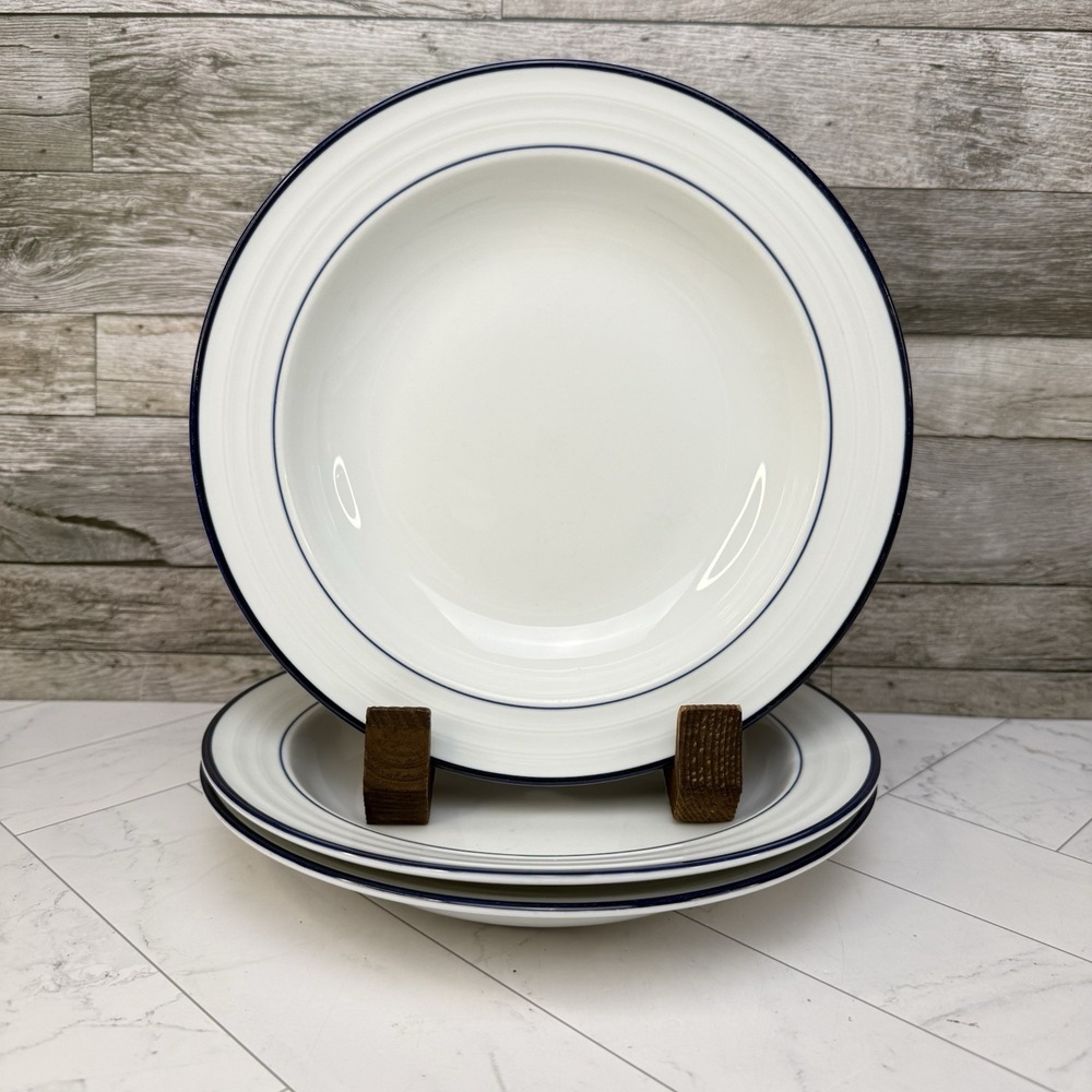 Crate & Barrel Roulette Bowls 9" Set of 3 Spal Portugal Blue Band Low Pasta/Soup